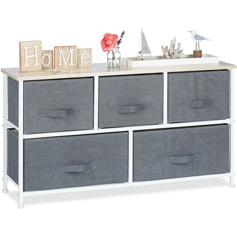 10023328493 Mobiletto con 5 Cassetti, Mobile Cassettiera, hlp 54,5x100x30 cm, Tessuto, Metallo, Legno, Grigio - Relaxdays