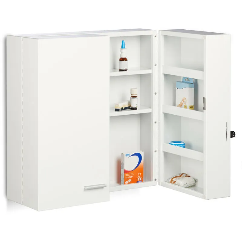 Armadietto Porta Medicinali xxl, Richiudibile, a 2 Ante, 11 Scomparti per Medicine hlp 53 x 53 x 20 cm, Bianco - Relaxdays