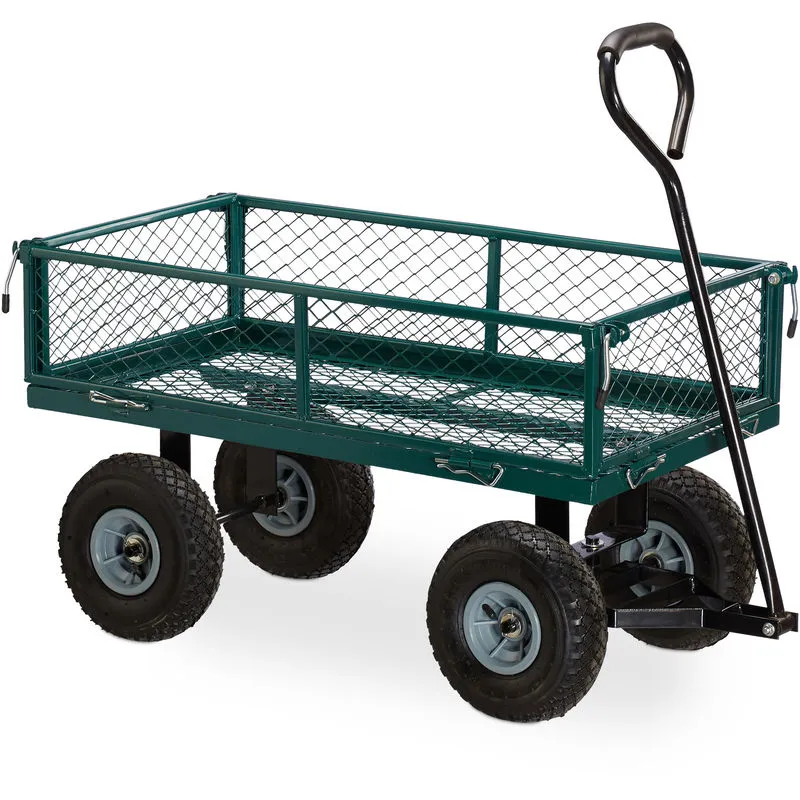 Carrello a Mano, Carretto Standard per il Giardino, da Esterno, Sponde Pieghevoli, max.150kg, Verde - Relaxdays