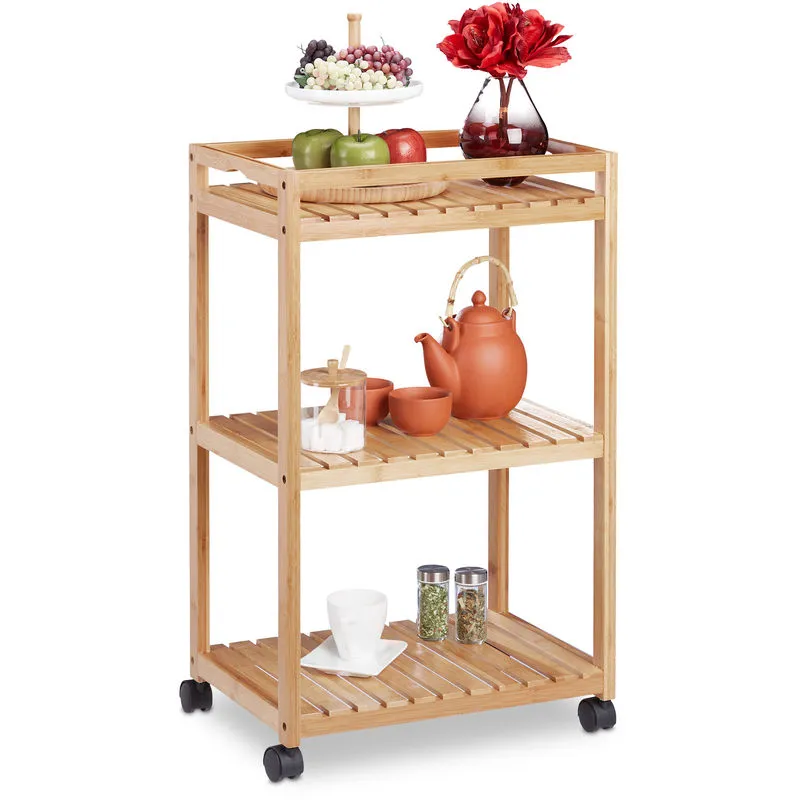 Carrello da Cucina in Bambù, Carrellino con 3 Ripiani, Ruote in Plastica con Freni, hlp 77x47x32,5 cm,naturale - Relaxdays