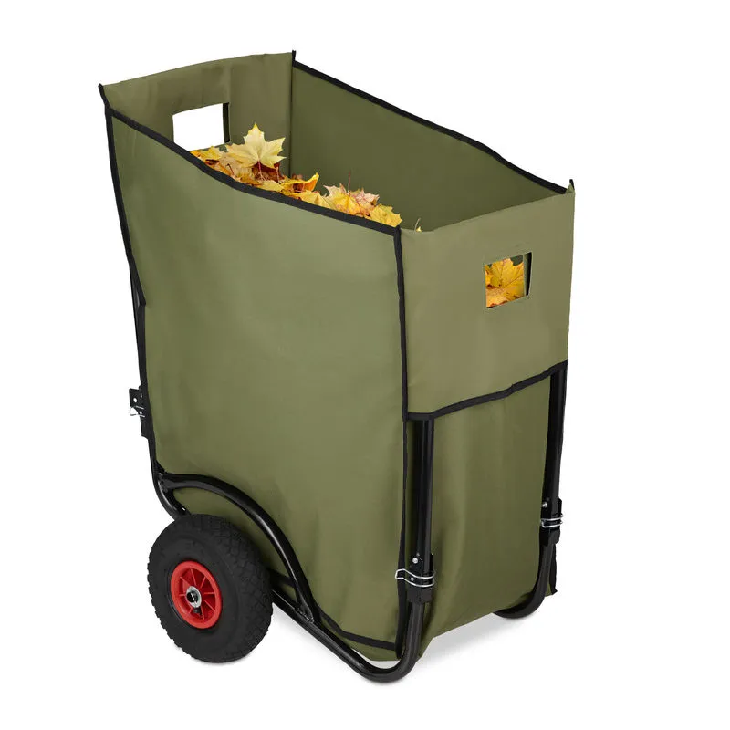 Carrello da Giardino, Maxi Trolley con Sacco, 2 Ruote ad Aria, Pieghevole, 160 l, Verde - Relaxdays