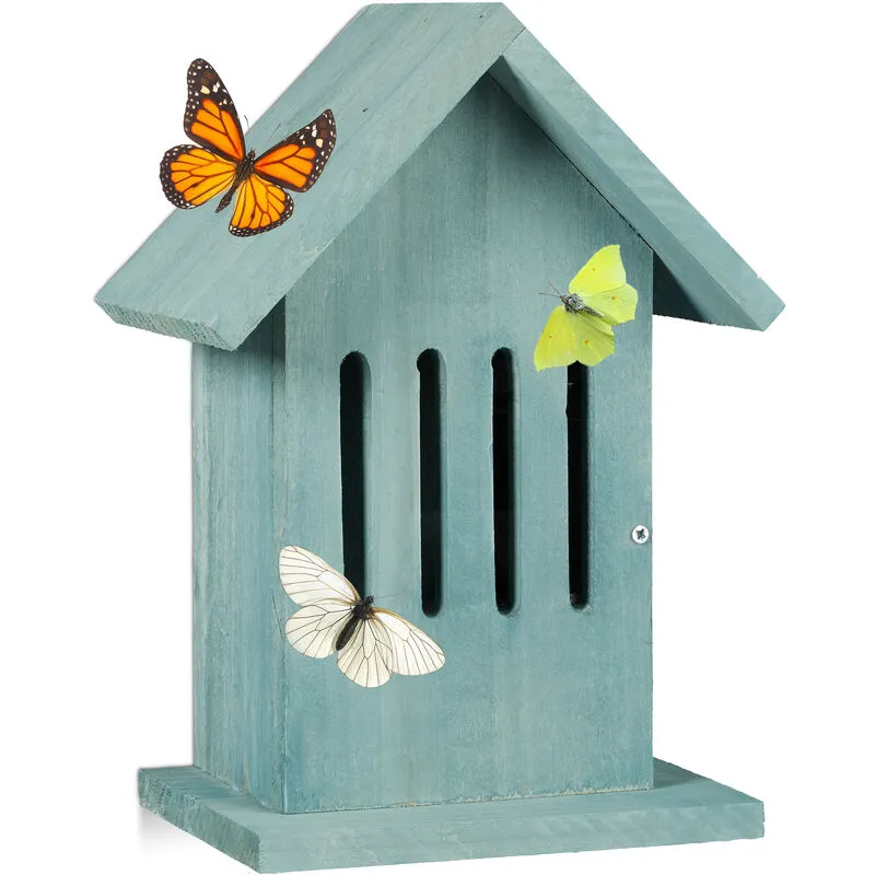 Casetta per Insetti e Farfalle, Butterfly Bee Hotel, Nido per Api da Giardino HxLxP: 25,5x18,5x12 cm, Turchese - Relaxdays