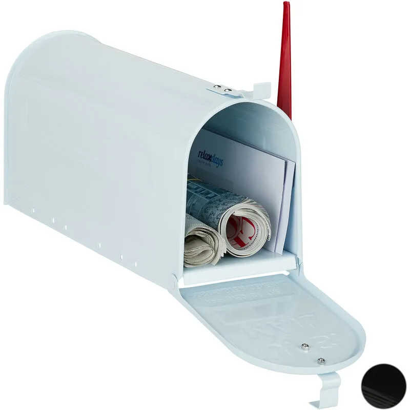 Cassetta Postale Americana, Vintage, us Mailbox, Scomparto Giornali, Bandiera Rossa, 22x16x48 cm, Color Bianco - Relaxdays