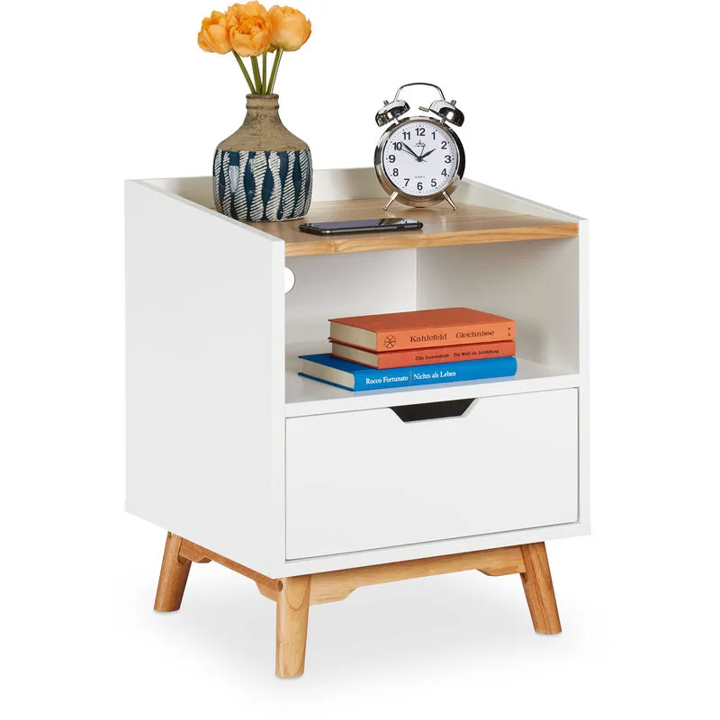 Comodino con gambe di legno design scandinavo cassetto e scomparto aperto tavolino 50x43x40 cm bianco - Relaxdays