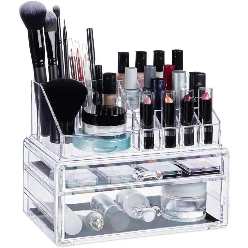 Contenitore Cosmetici, Porta Trucchi Con 2 Cassetti, Make Up Organizer, Rossetti, Acrilico, Trasparente - Relaxdays