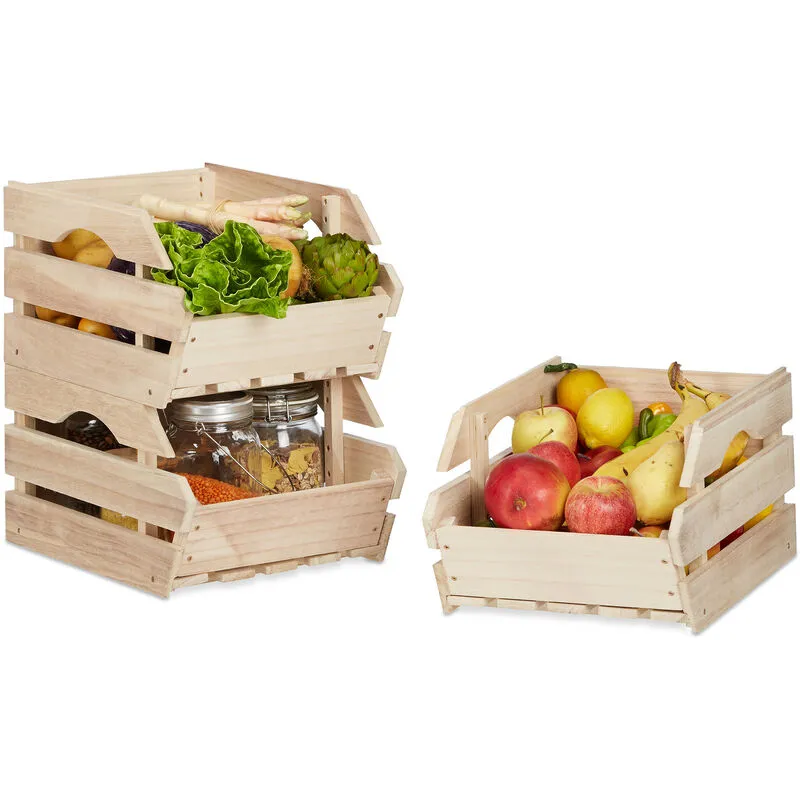 Contenitori impilabili set 3 cassette legno universali scatole portatutto stabili HxLxP: 20x27,5x38 cm beige - Relaxdays