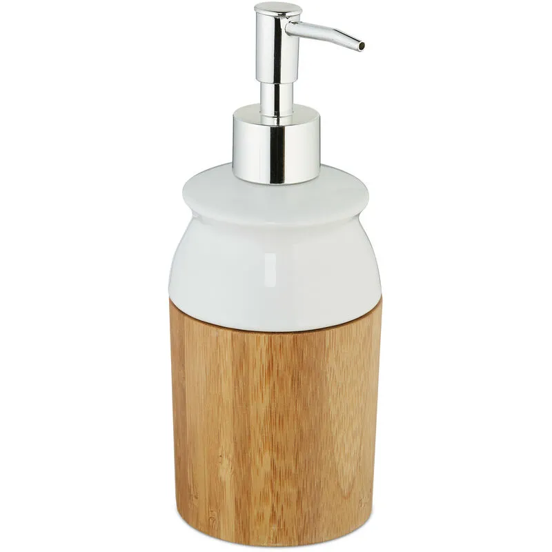 Dispenser di Sapone, Ricaricabile con Testa a Pressione, in Bambù & Ceramica, Bagno, 225 ml, naturale/bianco - Relaxdays