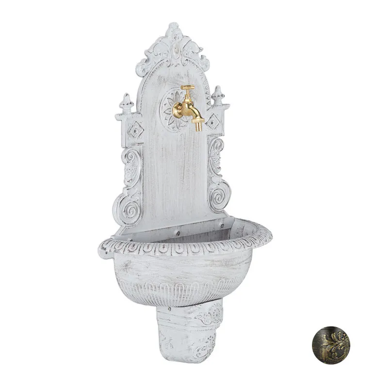 Relaxdays - Fontana xl Antica a Parete, con Rubinetto, Lavabo per Giardino, in Lega di Alluminio, hlp 75x44x22 cm, Bianca