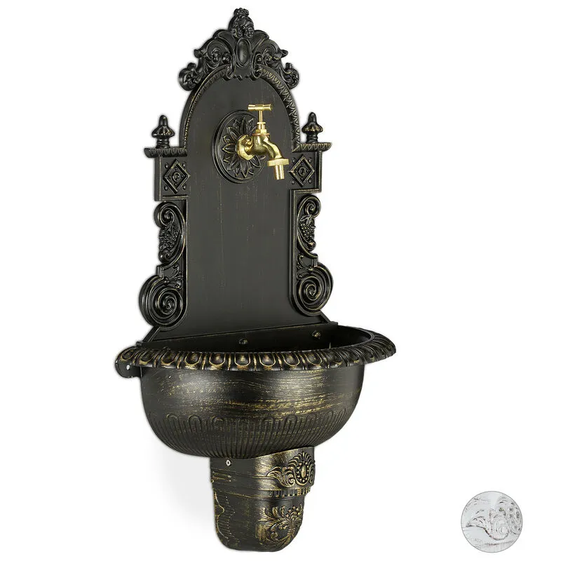 Relaxdays - Fontana xl Antica a Parete, con Rubinetto, Lavabo per Giardino, in Lega di Alluminio, hlp 75x44x22 cm, Nera