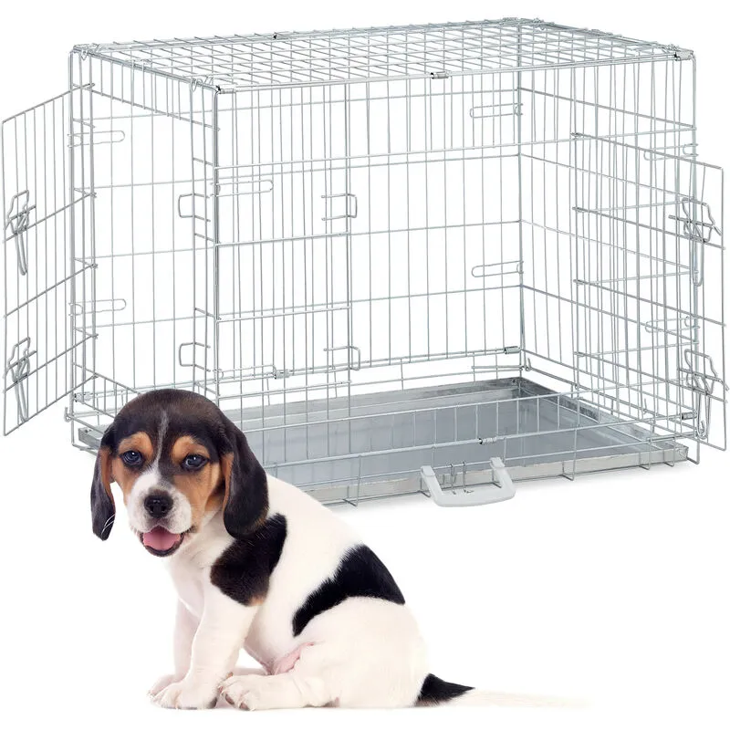 Relaxdays - Gabbia per Cani, Kennel Casa o Auto, hlp: 59x76x53 cm, Box Pieghevole, Base in Acciaio, 2 Porte, Argentato