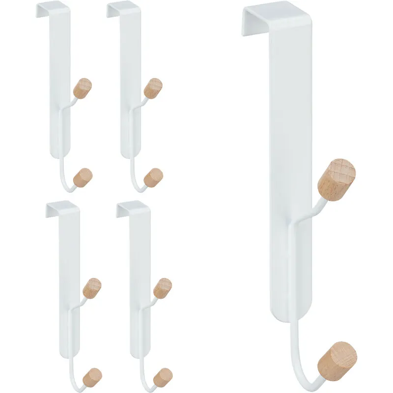 Ganci da Porta, Set 5 Appendini Sopraporta Doppio, Ferro & Legno, Attaccapanni, 16x28x7 cm, Bianco/Naturale - Relaxdays