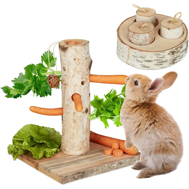 Relaxdays - Giochi per Conigli in Set da 2, Albero per Mangiare in Legno, Accessori Roditori, Coniglietti, Colore Naturale