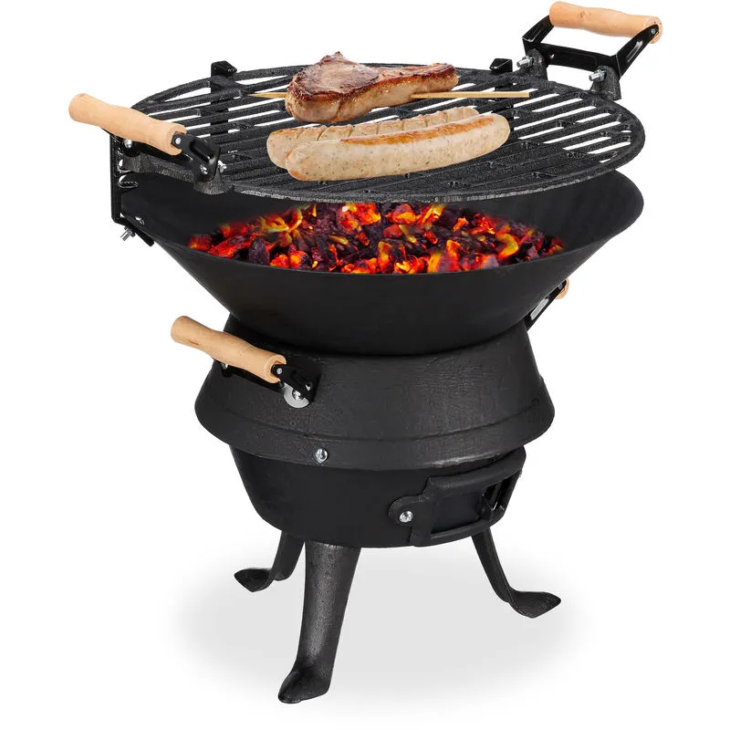 Grill a Sfera in Ghisa, Barbecue Regolabile in Altezza, Ventilato, a Carbonella in Legno, hlp 40x45x36cm, Nero - Relaxdays