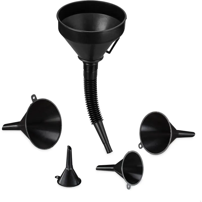 Imbuto per Benzina, Set da 5 in Varie Misure, Attrezzo Universale per Auto & Cucina, con Tubo Flessibile, Nero - Relaxdays