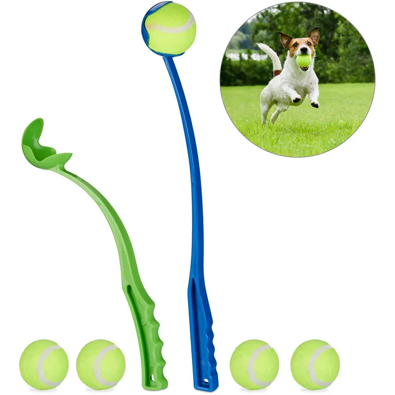 Relaxdays - Lancia Palla per Cani, Set da 2 Giocattolo Ball Launcher per Animali Domestici, 5 Palline da Tennis, Blu Verde