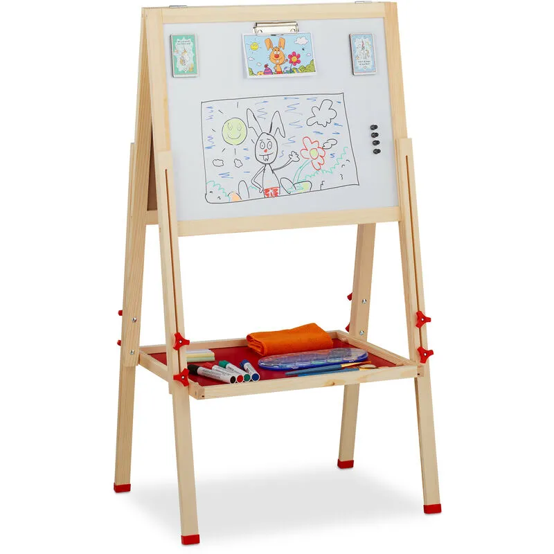 Relaxdays - Lavagnetta per Bambini, Regolabile in Altezza & Magnetica in Legno Pieghevole 102-135x55x52 cm, Legno Naturale