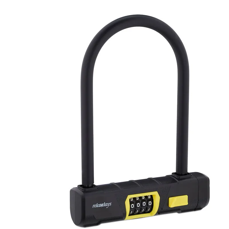 Lucchetto per Bici, Combinazione a 4 Numeri, u Lock per Biciclette e E-Bike, Acciaio, Plastica, Nero Giallo - Relaxdays