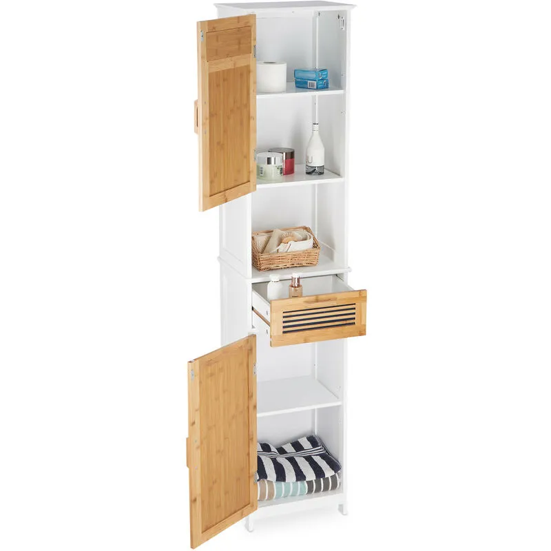 Mobile Bagno a Colonna, 2 Ante, 1 Cassetto, Scaffale Alto, hlp 180x39x30 cm ca., Legno e Bambù, bianco/marrone - Relaxdays