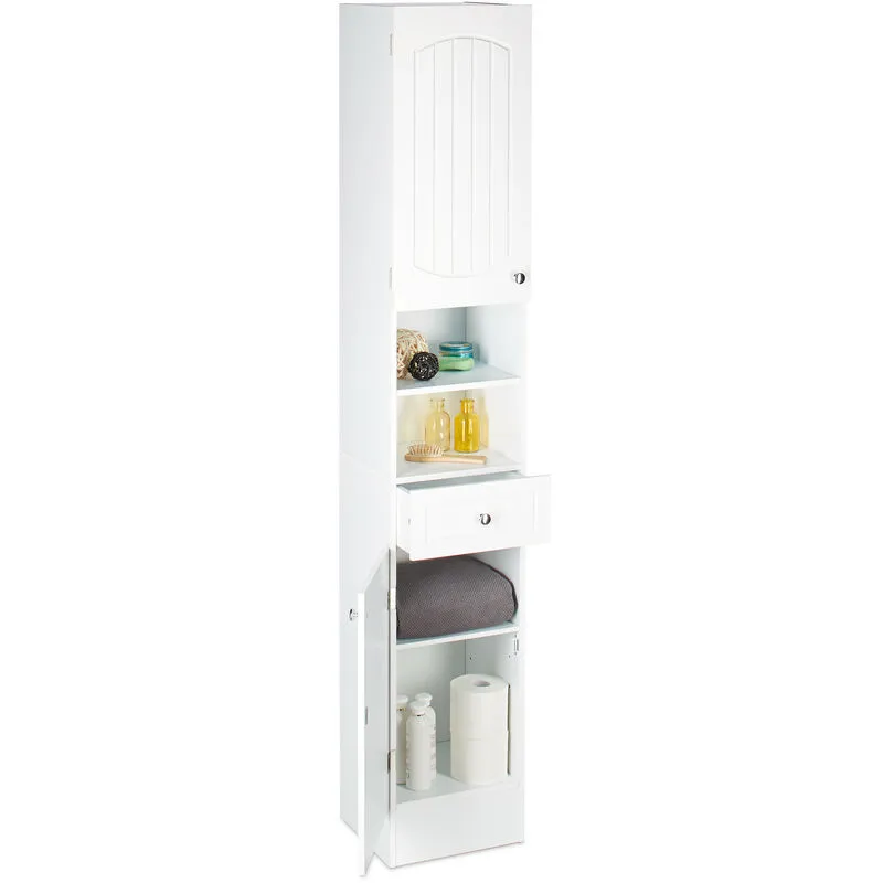 Relaxdays - Mobile Bagno Colonna, 2 Armadietti con Anta, 1 Cassetto, Design a Lamella, Legno, hlp 173,5x30,5x32 cm, bianco