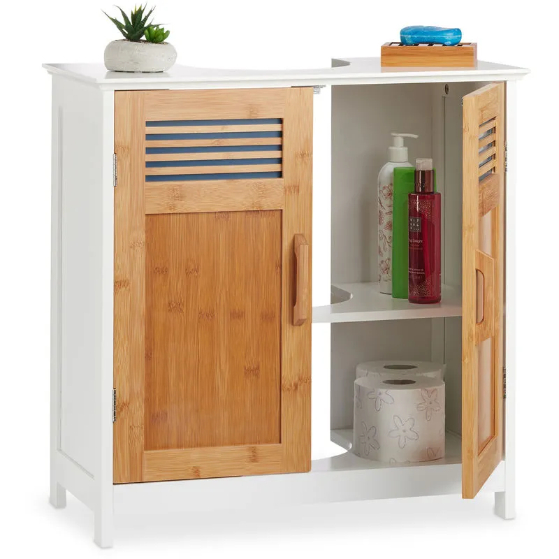 Mobile Bagno Legno, Ante Bambù, Fondo Regolabile, Incavo Sifone, Sottolavabo, hlp: 60x60x30cm, naturale/bianco - Relaxdays