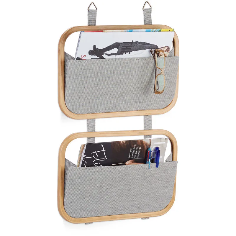 Relaxdays - Organizer da parete bambù pannello portaoggetti 2 tasche da porta & muro hlp: 60 x 40 x 1,5 cm, beige/grigio