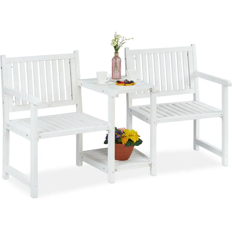 Panca da Giardino con Tavolino Integrato, 2 Posti, Legno Robusto, Panchina Esterno per Blacone, Bianco - Relaxdays