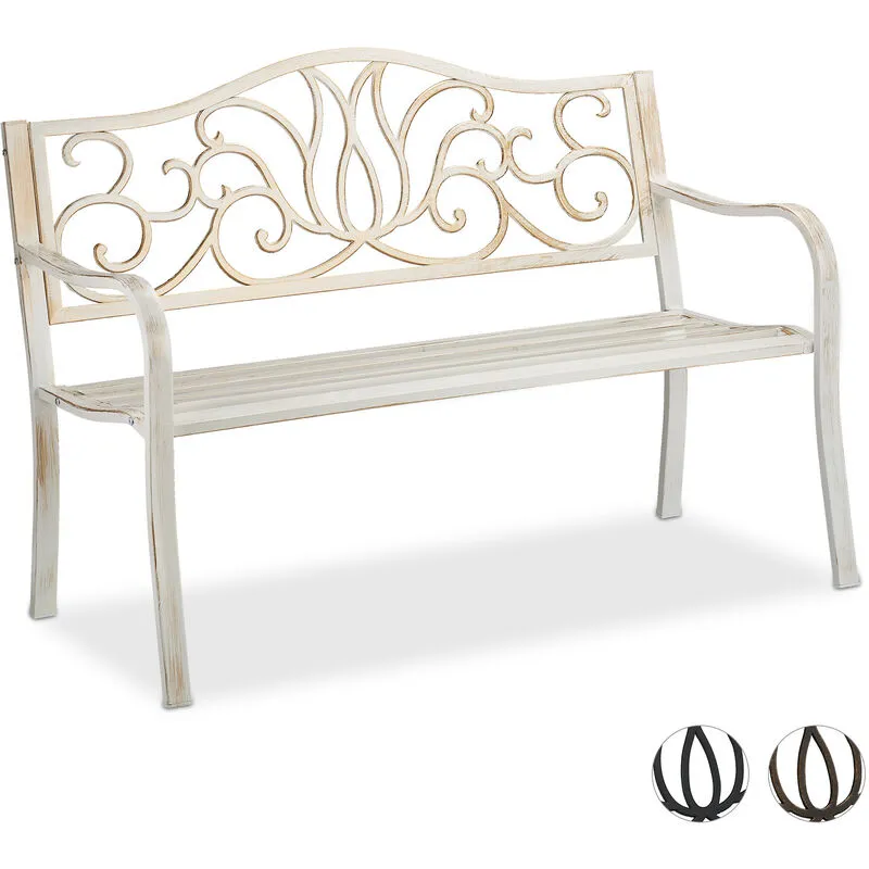 Relaxdays Panca da Giardino per 2 Persone, Stile Antico, Balcone Acciaio e Ghisa, 90x127,5x63 cm, Bianco-Bronzo