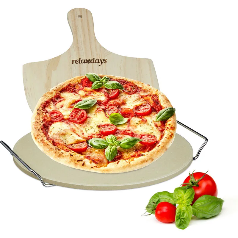 Pietra Refrattaria, per Pizza, Set con Pala in Legno, Cordierite Rotonda, hlp: 4 x 32 x 32 cm, colore naturale - Relaxdays