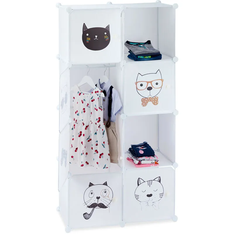 Scaffale Componibile per Cameretta dei Bambini, con Gatti, 7 Scomparti Armadietto hlp: 145x74x36,5 cm, Bianco - Relaxdays