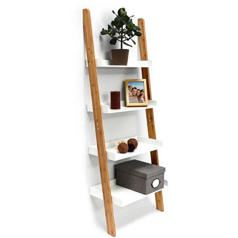 Scaffale da Bagno bamboo, Mobile in Bambù e mdf, 4 Ripiani, Cucina, hlp 144 x 56 x 34 cm, Naturale/Bianco - Relaxdays