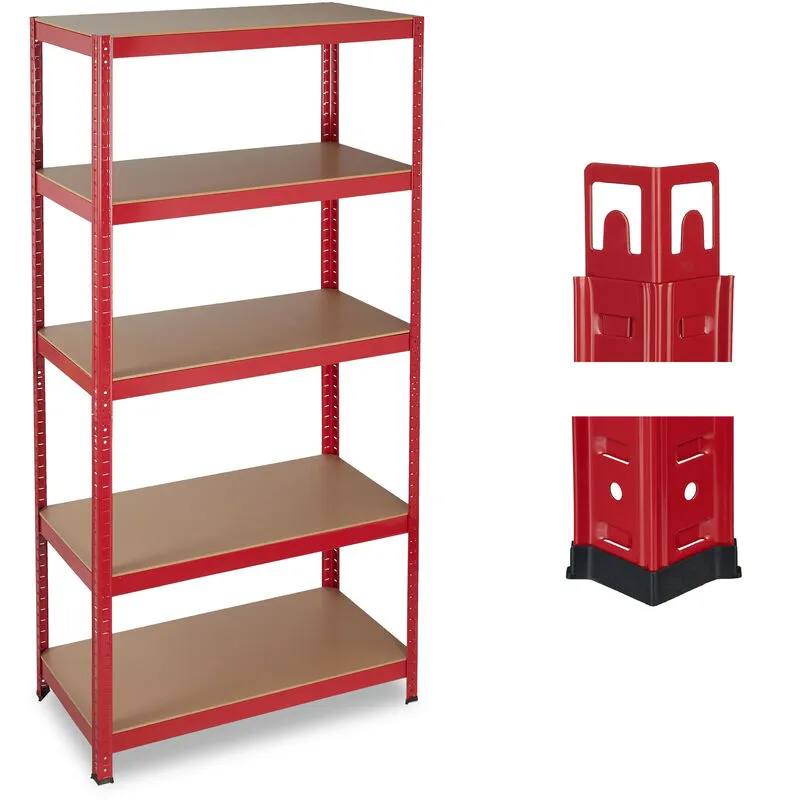 Scaffale in Metallo, Capacità fino a 875 kg, 5 Ripiani ad Incastro Cantina hlp 180x90x45cm Acciaio, mdf, Rosso - Relaxdays