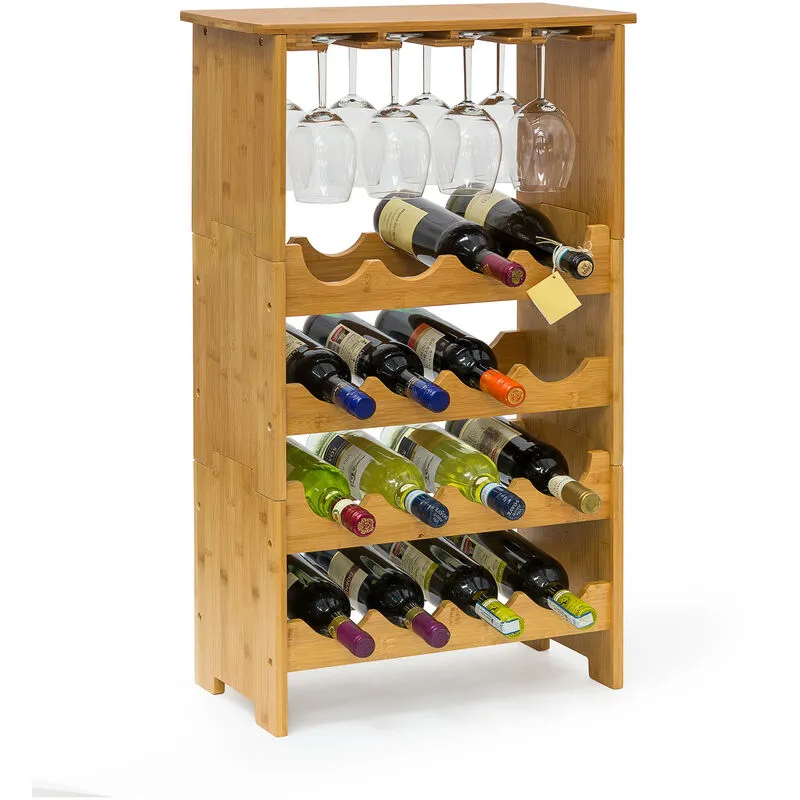 Scaffale per 16 Bottiglie di Vino, Portabottiglie, 84x24x50 cm, Cantinetta in Bambù, Calici, Legno Naturale - Relaxdays