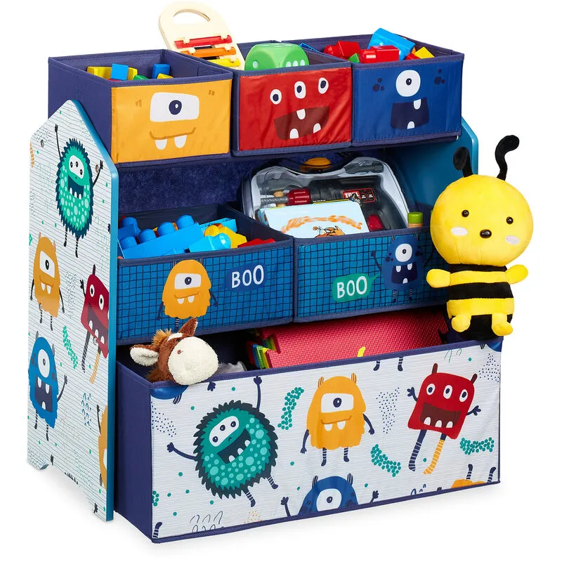 Scaffale Portagiochi, Motivo Mostri, Cameretta Bambini, 6 Box in Stoffa, HxLxP: 66x 63,5x30 cm, Multicolore - Relaxdays