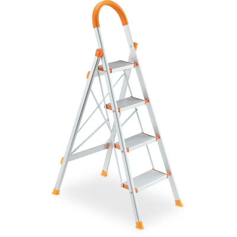 Relaxdays Scaletta in Alluminio, Scala Pieghevole con 4 Gradini, Step Ladder, Carico fino a 150 kg, Argentato Arancione