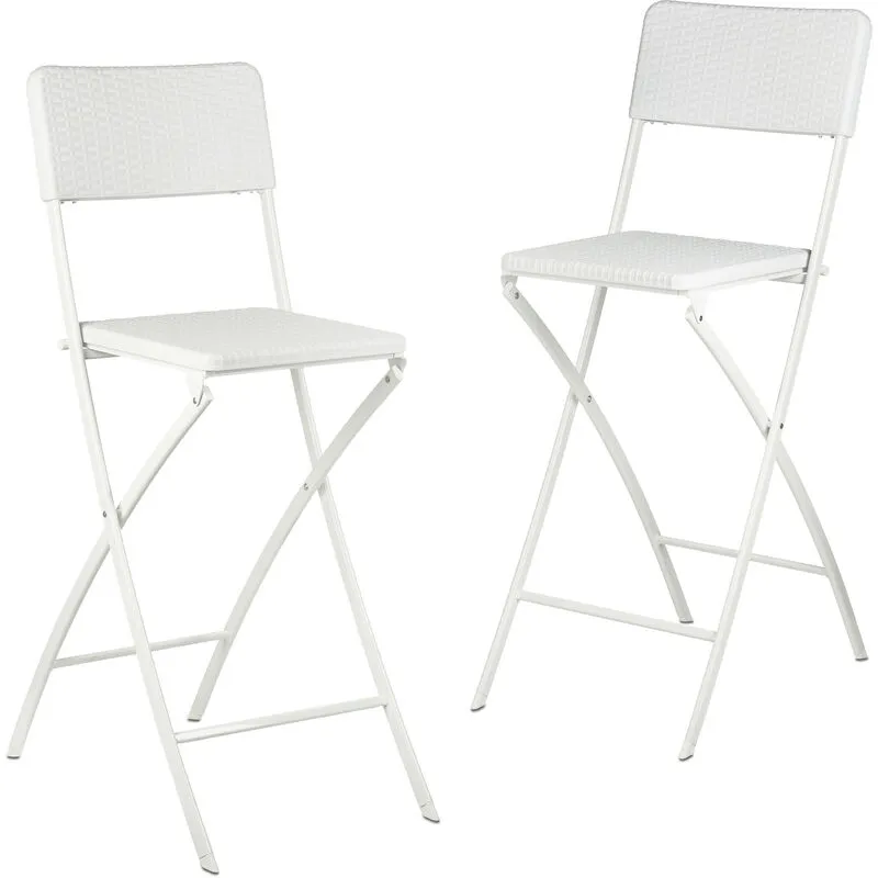 Sgabello Alto Pieghevole, Set da 2, h: 78 cm, Sedia da Bar con Schienale e Poggiapiedi, Aspetto Rattan, Bianco - Relaxdays