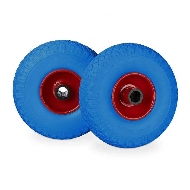 Set di 2 Ruote per Carrelli a Mano, Gomma Piena Antipanne, Asse 25mm, 100 kg, max, 260x85mm, Blu-Rosso - Relaxdays