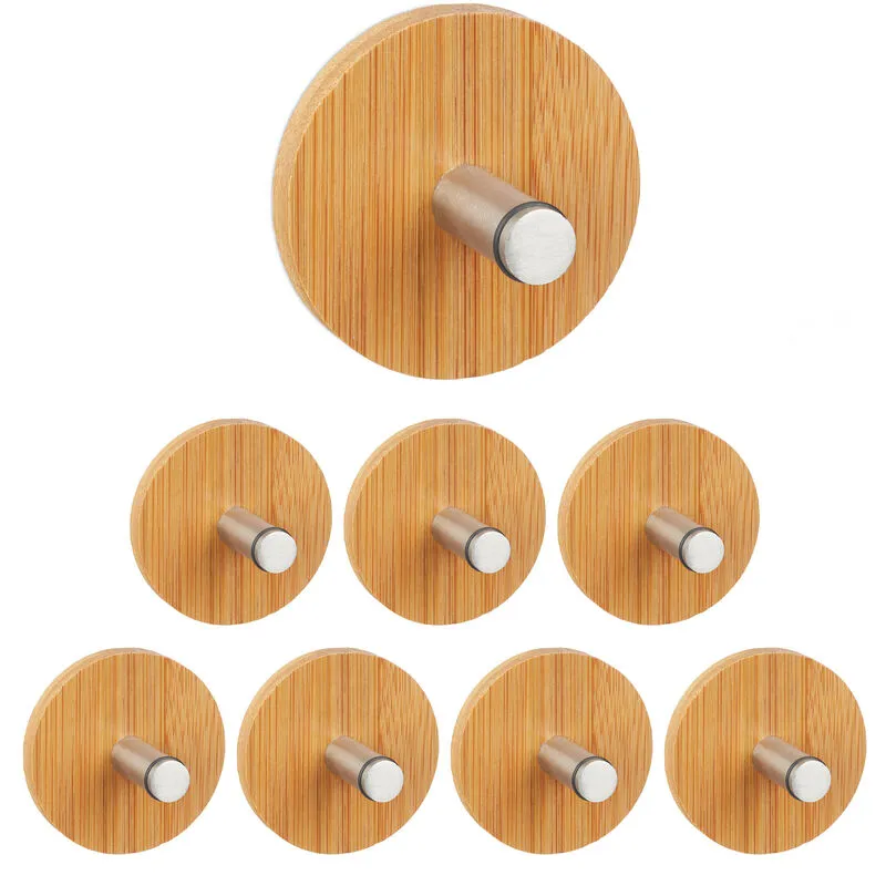 8x Set Ganci Adesivi, Autoadesivi, Appendini Rotondi, per Bagno e Cucina, Acciaio Antiruggine e Bambù, Naturale