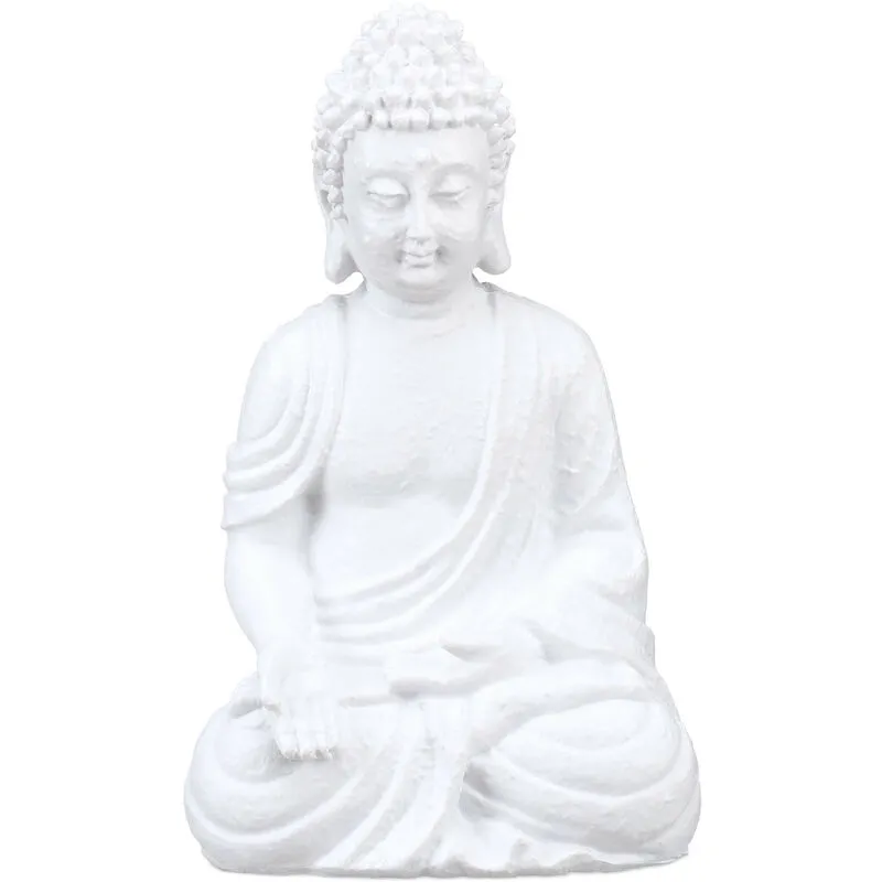 Statua del Buddha Seduto, Figura da Giardino Alta 30 cm, Resistente alle Intemperie, Poliresina, Bianco - Relaxdays