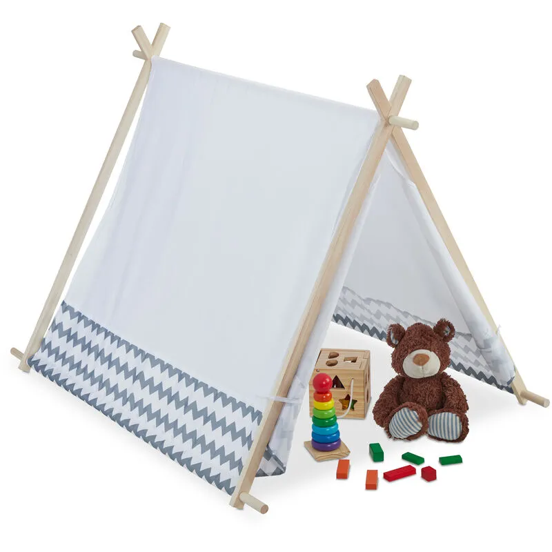 Tenda da Indiani per Bambini, con Fondo, Teepee Giocattolo con Custodia, hlp 92 x 92 x 120 cm, Bianca Grigia - Relaxdays