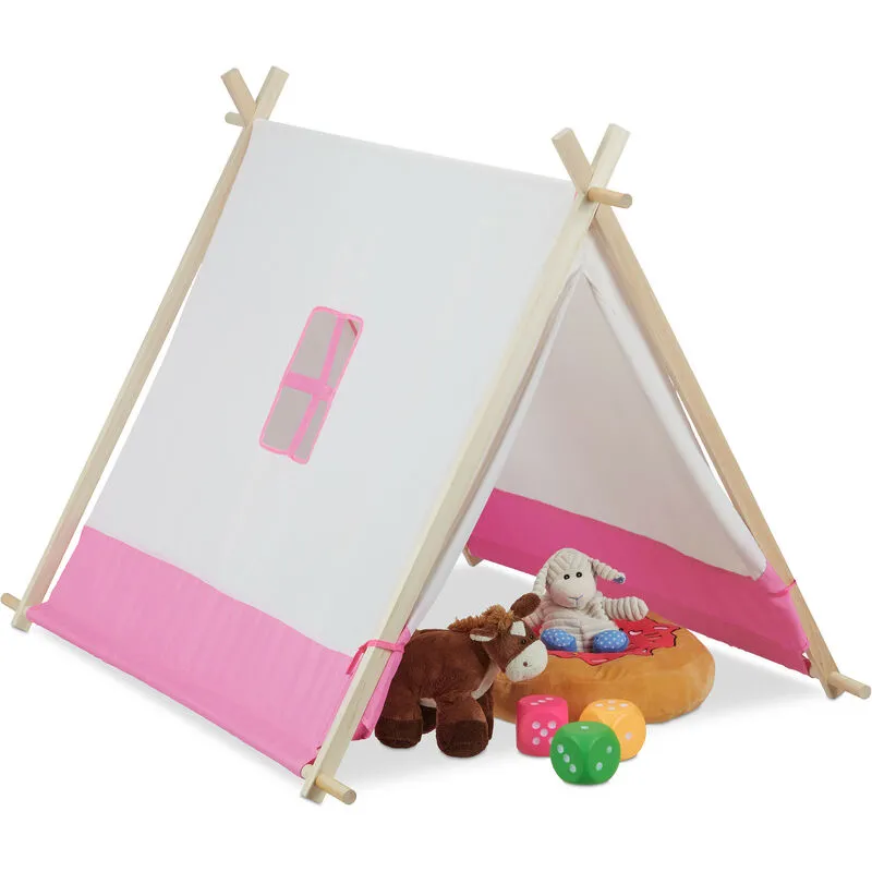 Tenda per Bambini da Gioco, Capanna Indiana con Tappetino, Interni e Esterni, hlp 92x120x86 cm, Bianco Rosa - Relaxdays