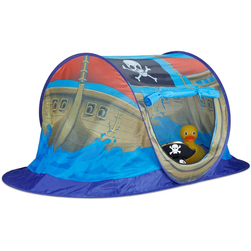 Tenda per bambini pop up nave pirata casetta giocattolo da bambino interni & esterni HxLxP 68x170x85cm blu - Relaxdays