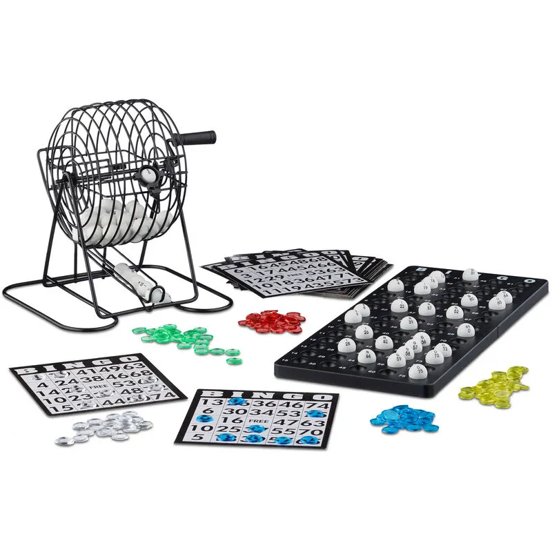 Tombola Automatica, Gioco del Bingo con Cesto in Metallo, Giochi di Società, 20x17,5x21,5 cm,Kit Completo,nero - Relaxdays