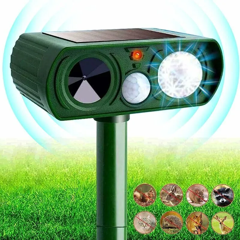  - Repellente per gatti da giardino ad ultrasuoni - 5 modalità - Alimentato tramite usb o energia solare - Repellente per gatti con picchetto da