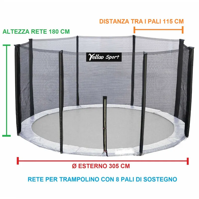 RETE DI SICUREZZA ESTERNA trampolino diametro 305 cm CON 8 PALI Certificato CE TUV GS