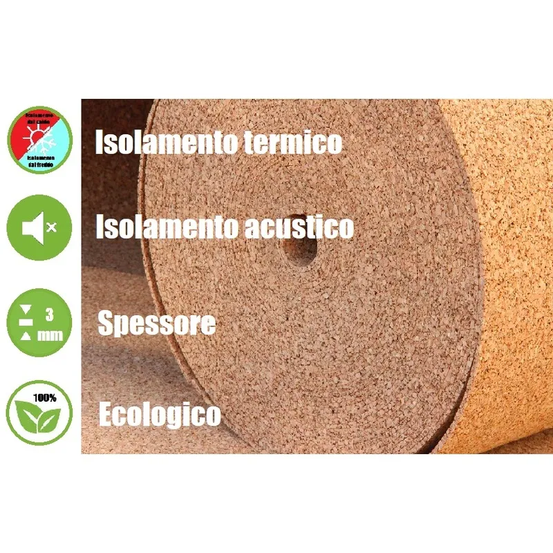 Rotolo in Sughero Naturale per Isolamento Termico/Acustico-20mx1mx3 mm