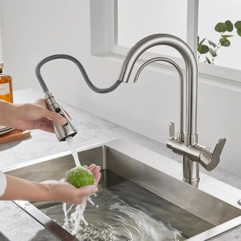 Rubinetto Cucina con Doccetta Estraibile, Rubinetto Lavelloo Girevole a 360°con Due Uscite d'Acqua