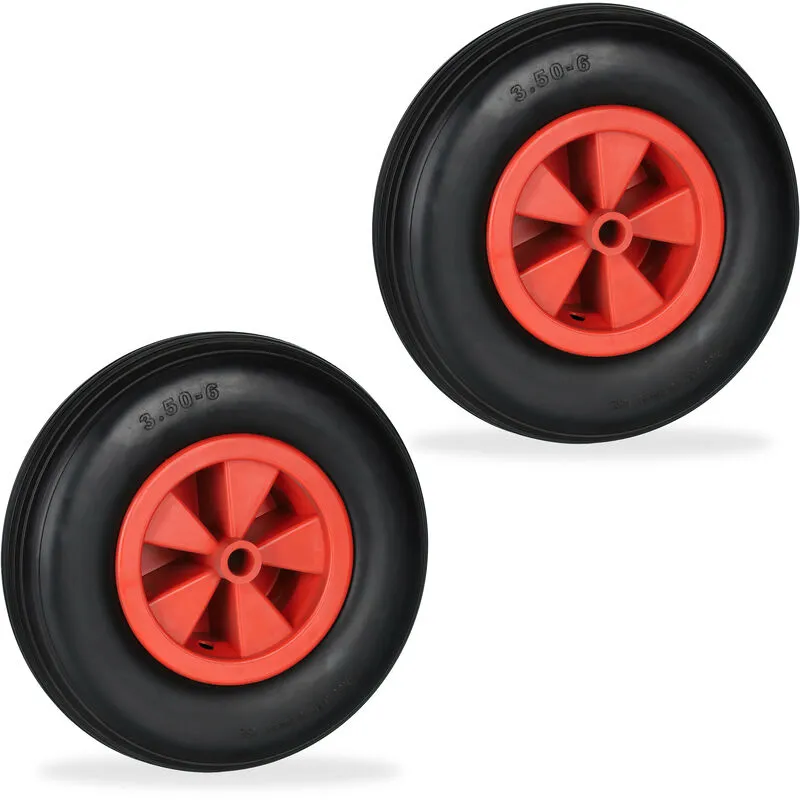 Ruota per Carriola 3.50-6, Set 2 Gomme Antiforatura, Cerchione Plastica, Ruotino Scorta, 100 kg, Nero/Rosso - Relaxdays