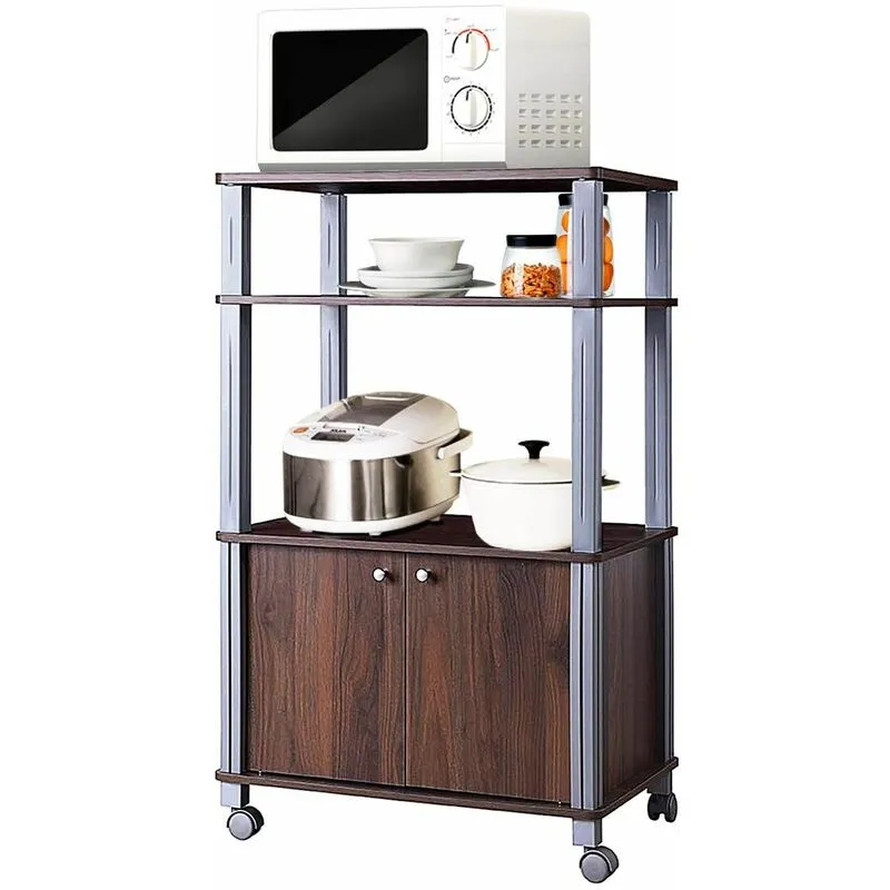 Scaffale da Cucina per Microonde Carrello da Cucina, con Ruote e 2 Ante, Multifunzionale e Movimento Flessibile, 60x40x98 cm (caffè) - Costway