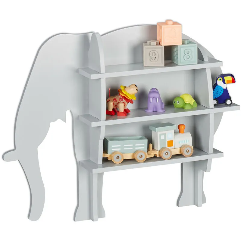 Scaffale per Bambini, Libreria Design Elefante, Mobile da Parete con 2 Scomparti, hlp 50x63,5x10 cm, Grigio - Relaxdays