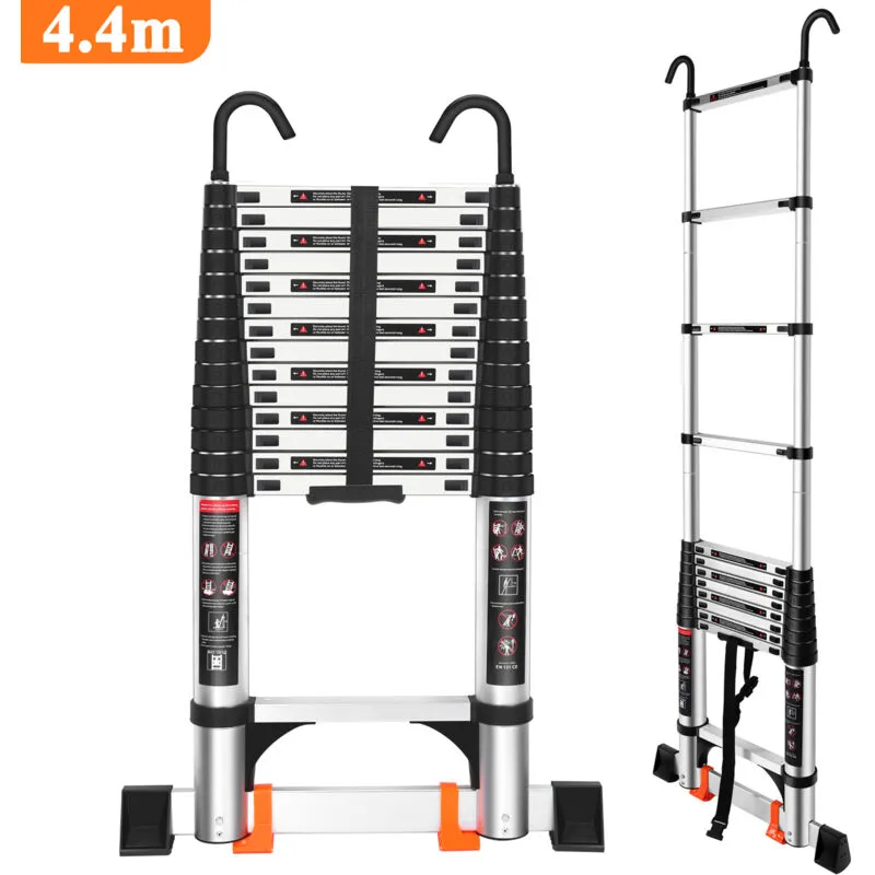 Jn.songs - Scala Telescopica in Alluminio, Scala Pieghevole con Piedini Antiscivolo, Bracciolo Removibile, Estensibile Carico Massimo 150 Kg - 4.4m